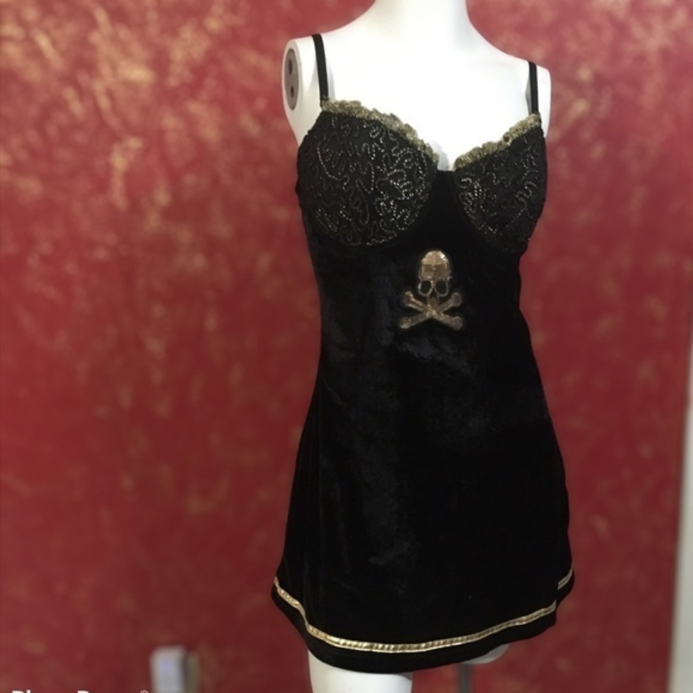 Dream Girl Punk Velvet Skull Slip on Mini Dress M